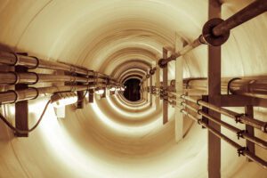 Steel pipe and pipeline inside an underground tunnel.