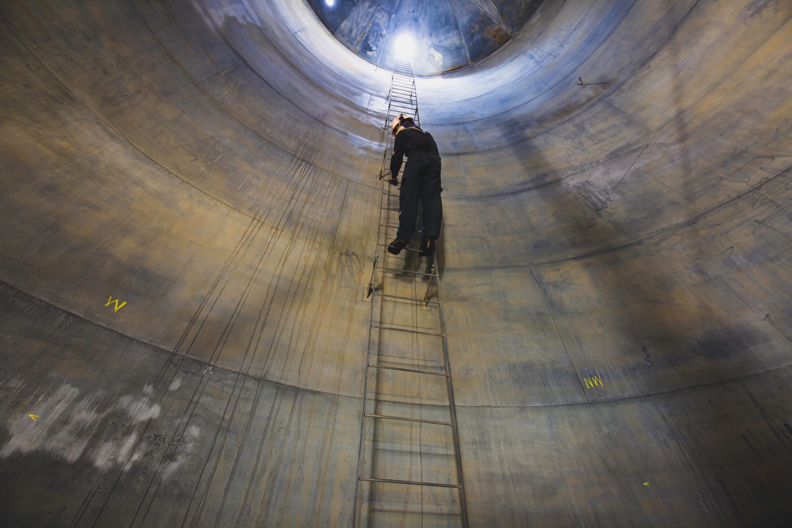 Male inside climb the stairway storage visual inspection tank