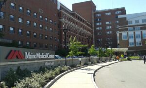 front view of maine medical center brick building