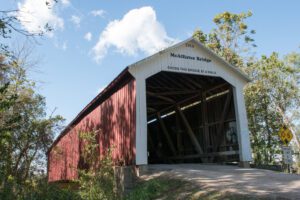 red vintage covered bridge in Parke County, Indiana