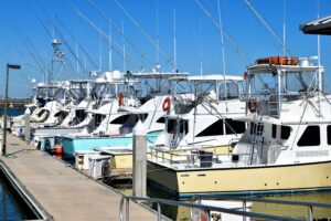 Sport fishing boats moored at marina dock St. Augustine, Florida