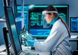 Workplace of young woman in modern microelectronics manufacturing lab. Engineer works in a modern scientific laboratory on computing systems and microprocessors. Futuristic concept in idaho