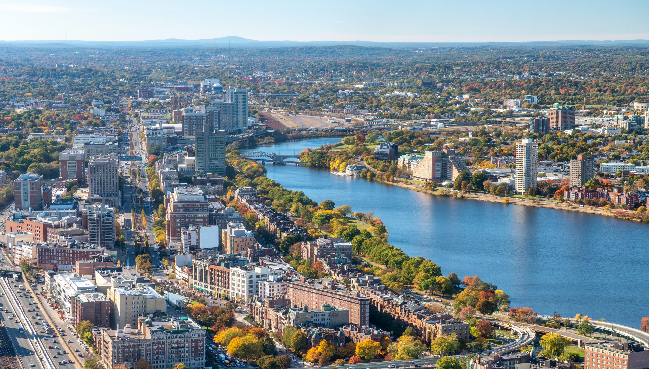 Aerial view of Boston massachusetts skyline on a beautiful autumn day