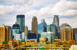 Downtown Minneapolis Minnesota cityscape on a cloudy day