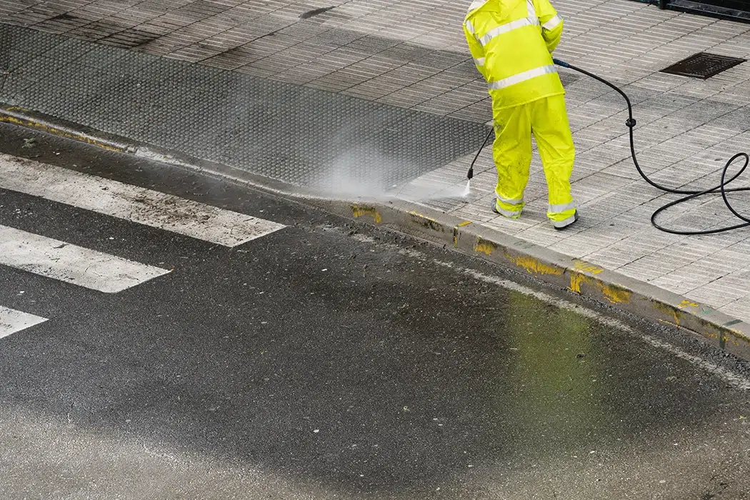 crew member pressure washing sidewalk next to street crew member pressure washing sidewalk next to street