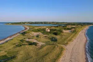 sunny aerial view of Block Island Rhode Island Lighthouse