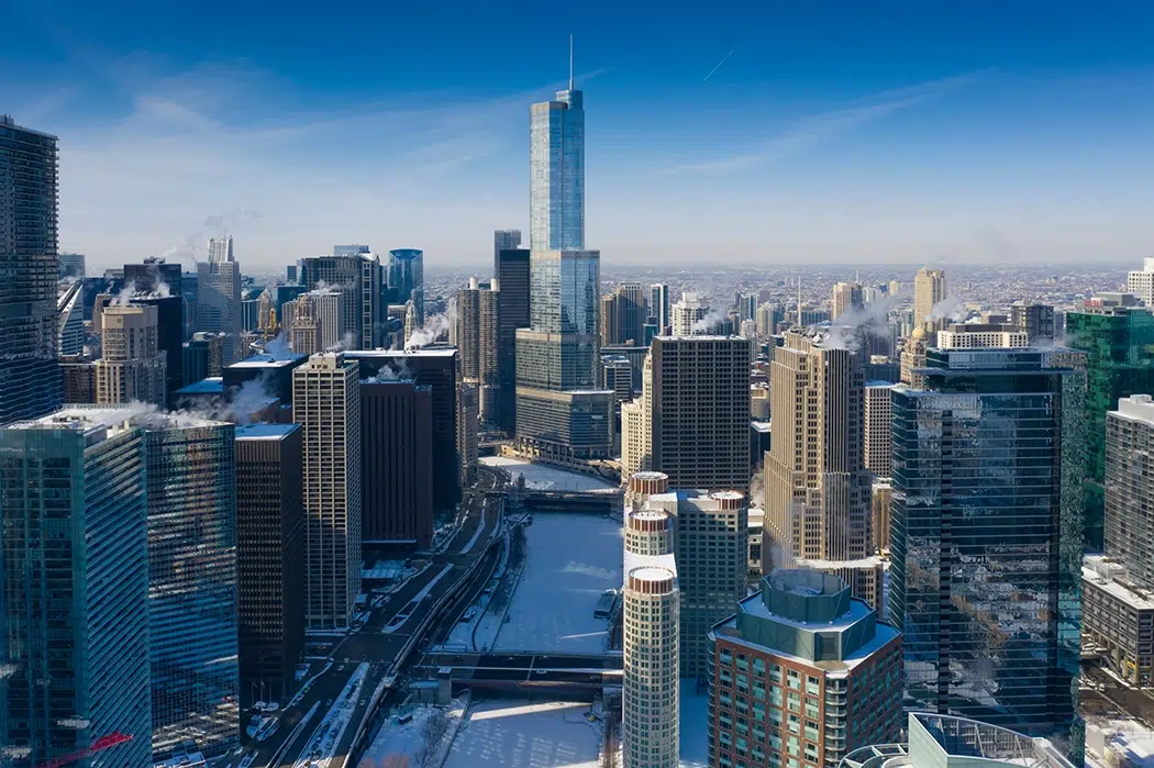 chicago skyline in wintertime