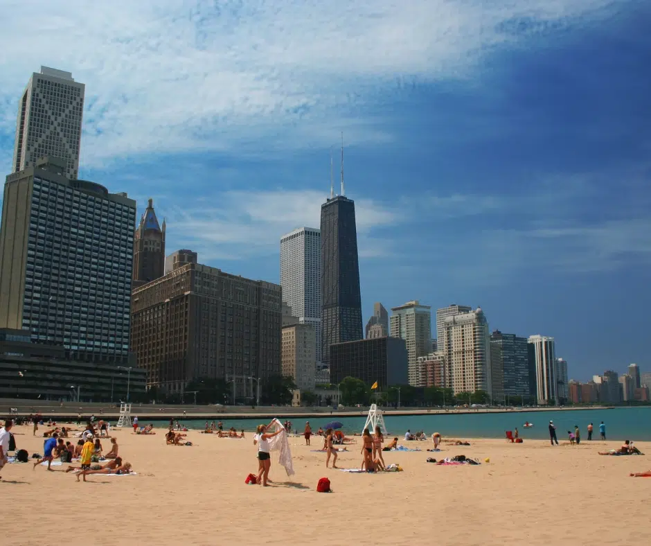 people on chicago beach in summer