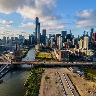 chicago skyline and waterway feature