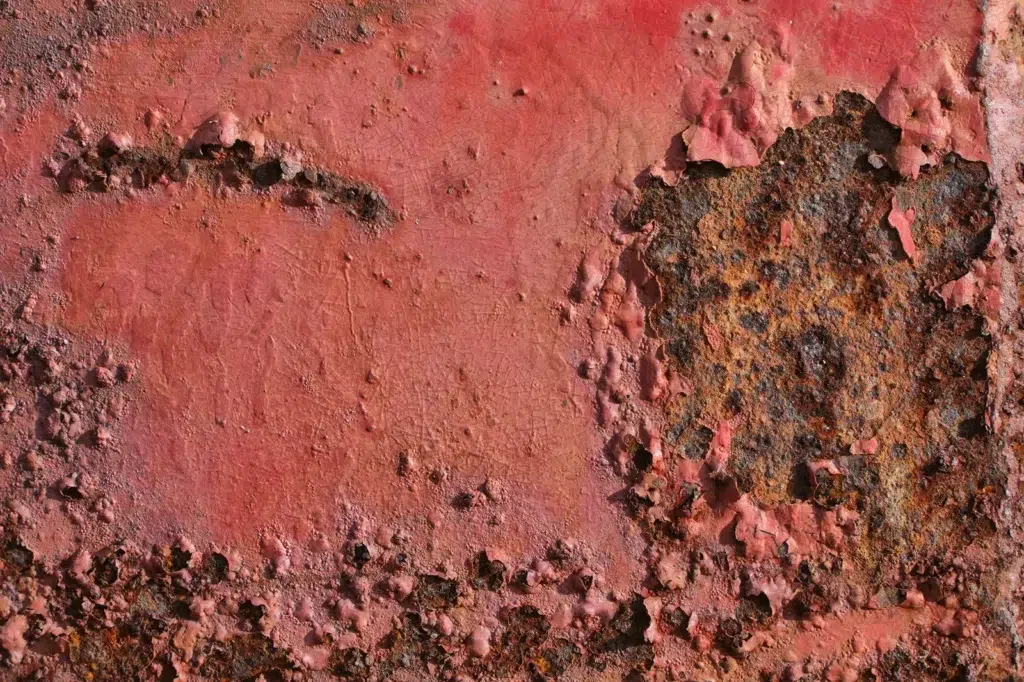 Peeling red coating exposes a rusted section of steel beneath it.
