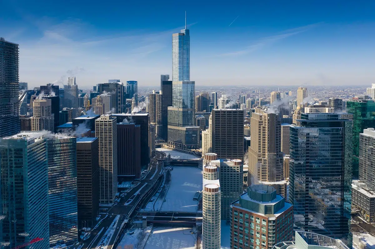 aerial view of downtown chicago with snow